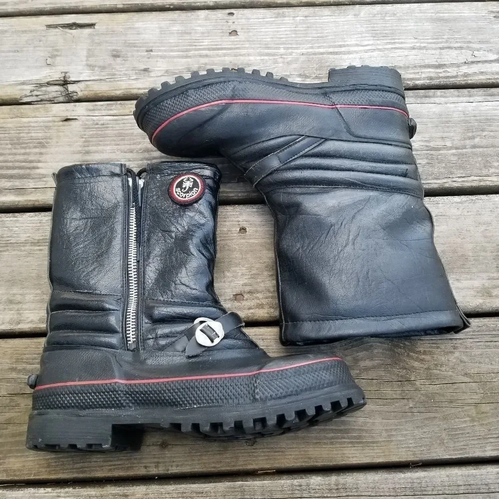 Vintage 80s Scorpion Snowmobile Boots Black Leather Red Stripe Grunge Distressed